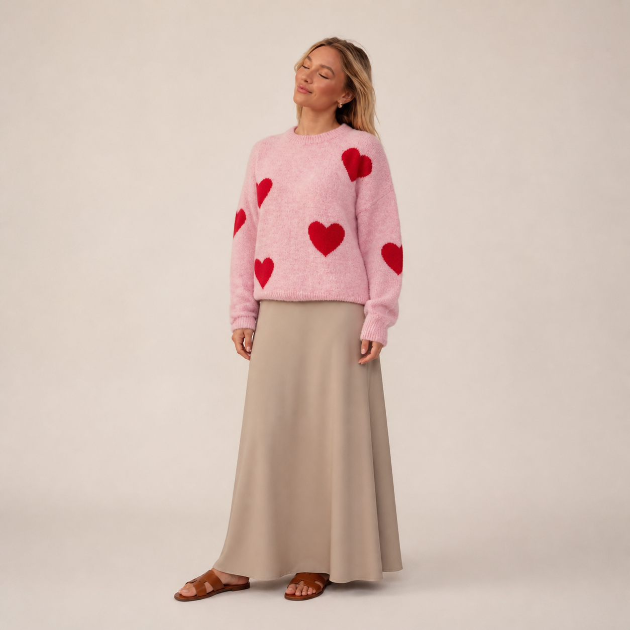 Pull rose à cœurs rouges Tsniout — Laine mélangée et fibres recyclées, maille douce
