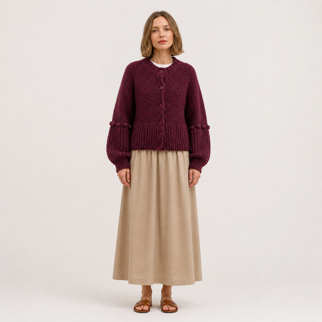 Gilet bordeaux en grosse maille à pompons – vue 1
