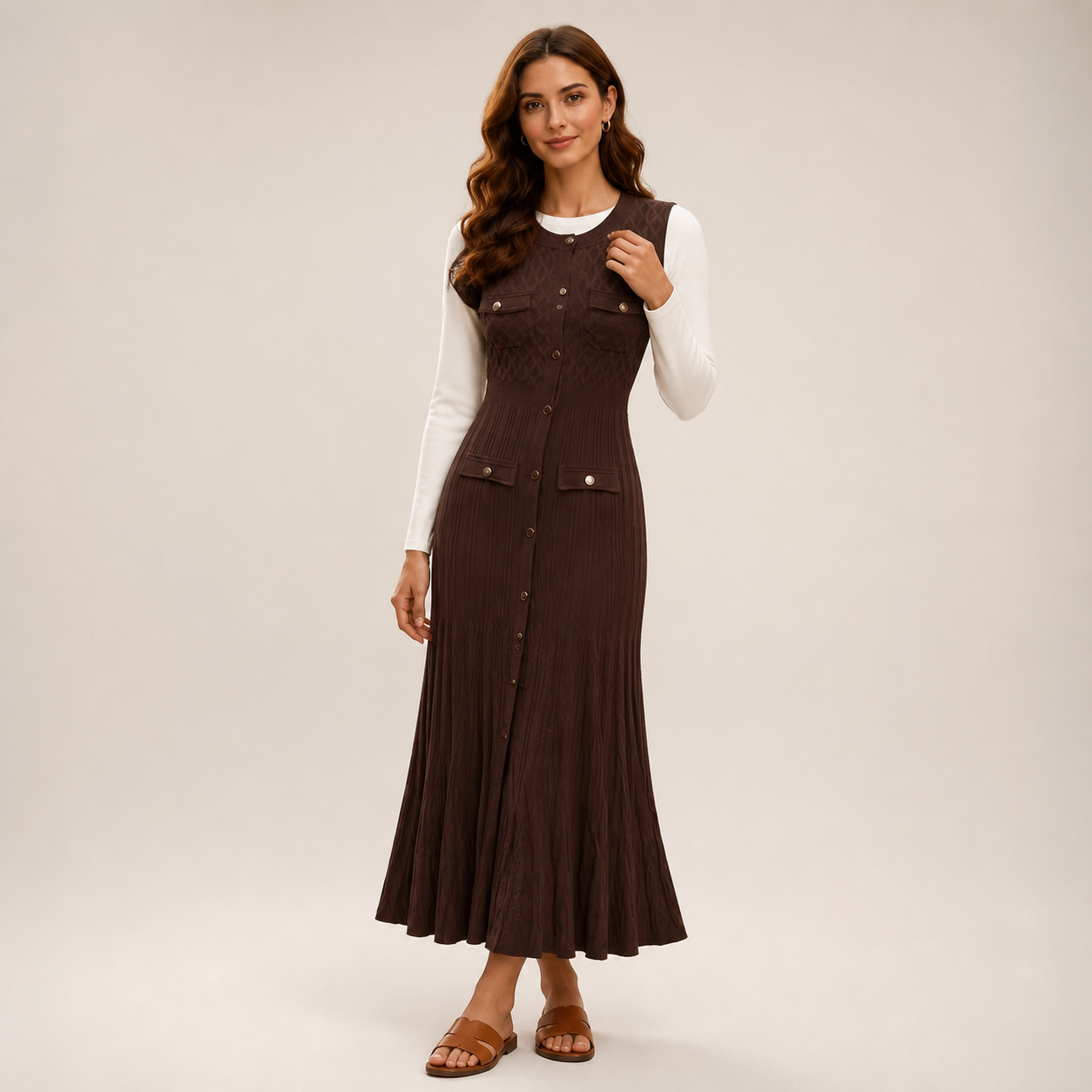 Robe longue chocolat plissée boutonnée – vue 1