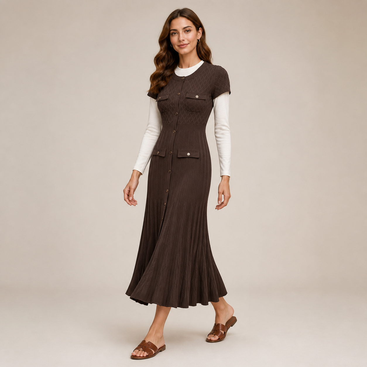 Robe longue chocolat plissée boutonnée – vue 3