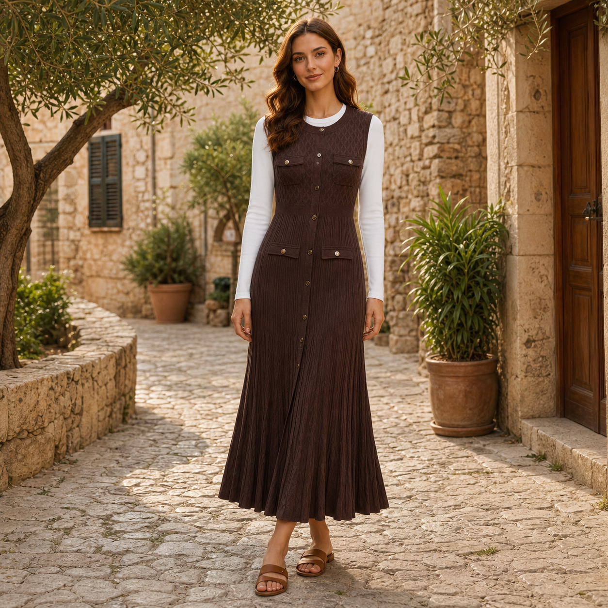 Robe longue chocolat plissée boutonnée – vue 6