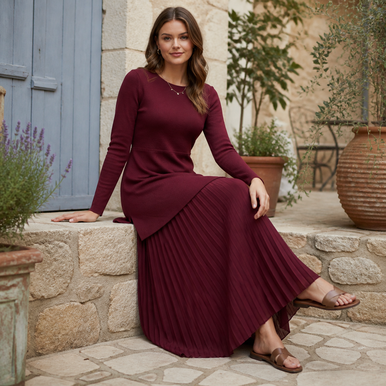 Robe longue bordeaux en maille et jupe plissée – vue 5
