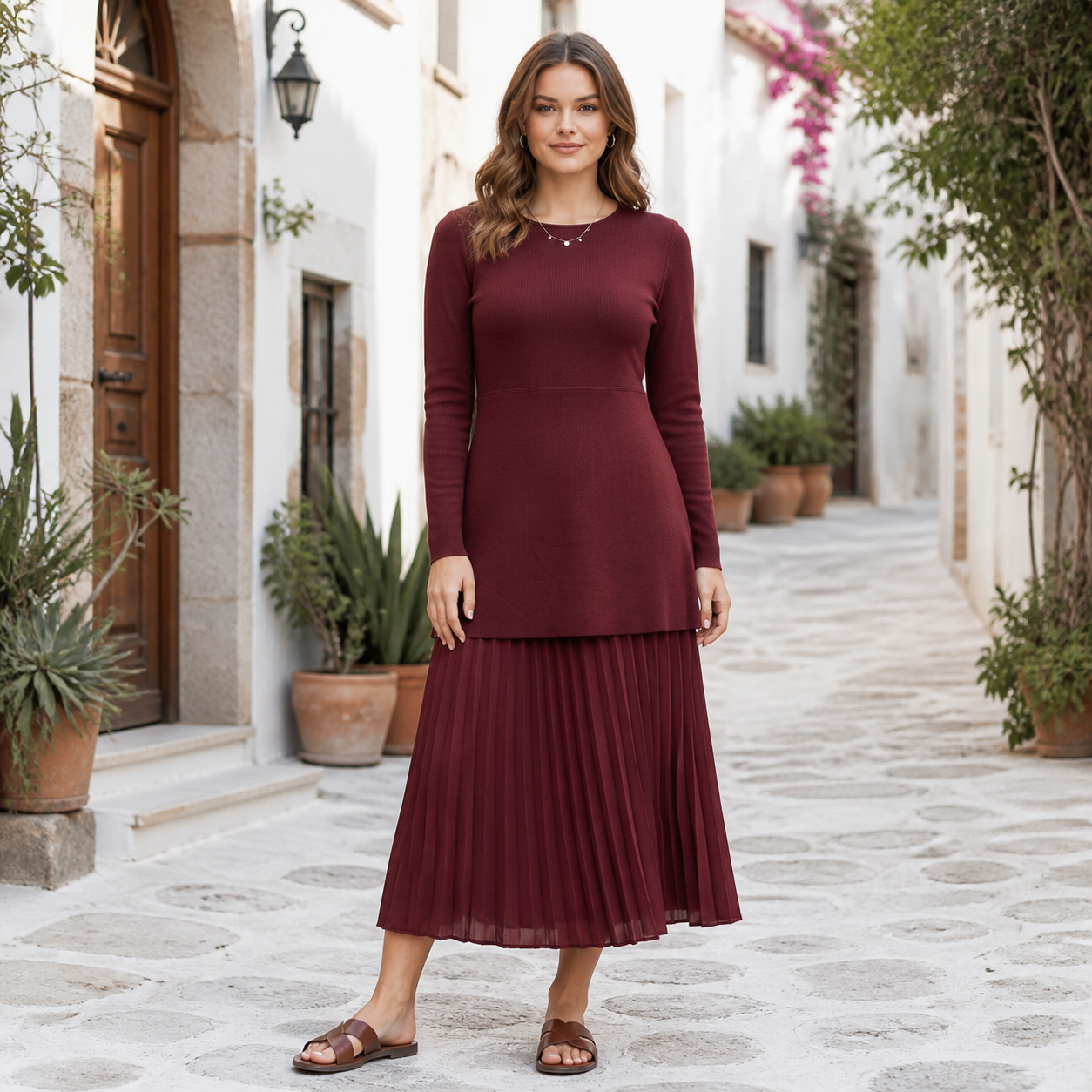 Robe longue bordeaux en maille et jupe plissée – vue 6