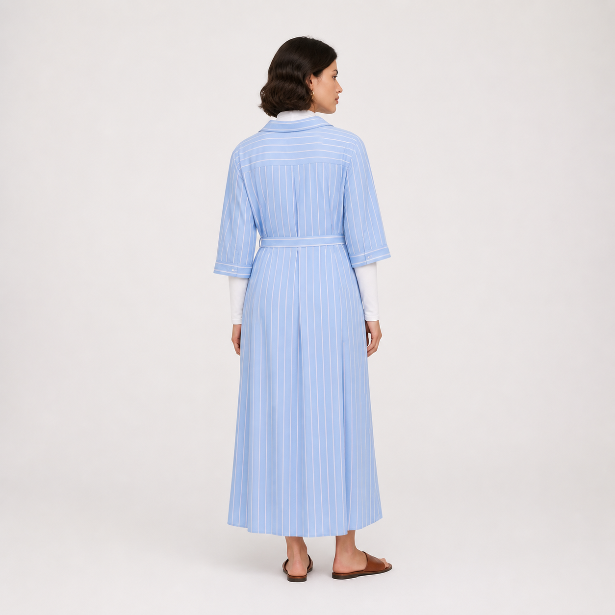 Robe longue bleu ciel rayée ceinturée – vue 2