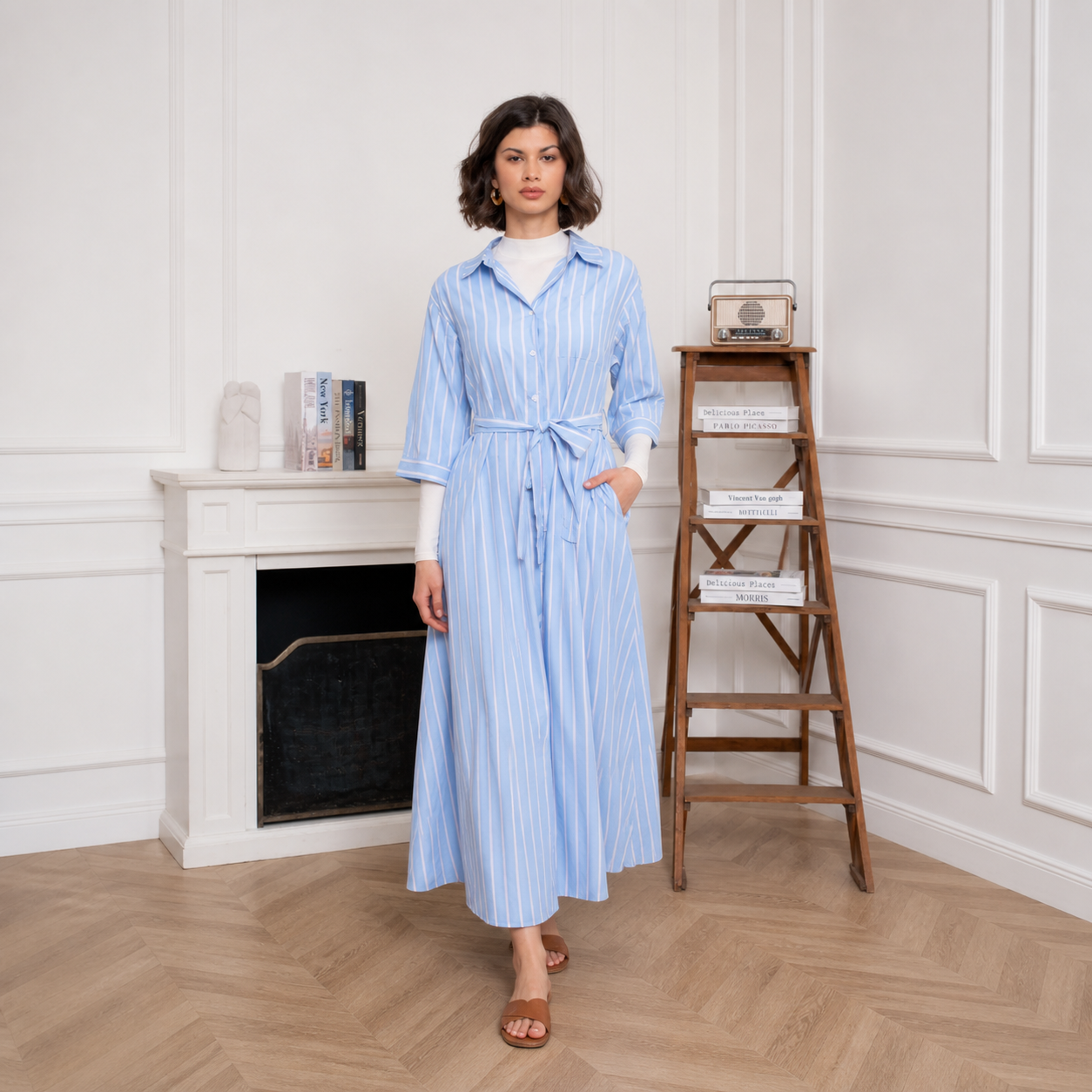 Robe longue bleu ciel rayée ceinturée – vue 3