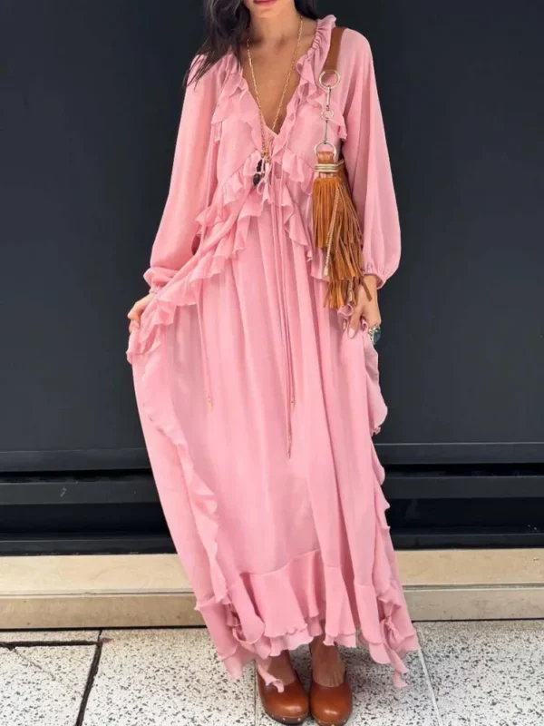 Robe longue en mousseline de soie rose Tsniout